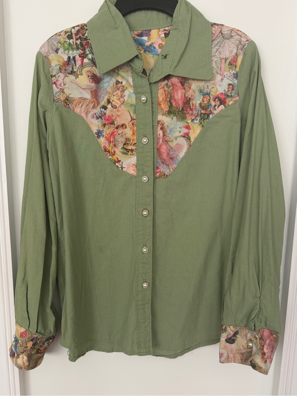 Custom Olive Green Women's Button-Up Top with Floral Western Yoke